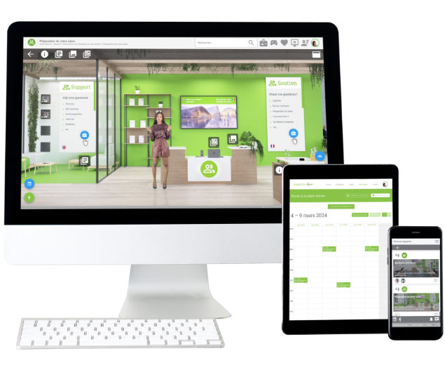 groupe de 3 supports différents de la plateforme (ordinateur, tablette, téléphone)